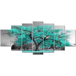 Visual Art Decor XLarge 7 Pieces Canvas Wall Art Teal Green Tree Landscape Black and White Picture Prints Framed and Stretched Painting Wall Decoration for Modern Living Room Office