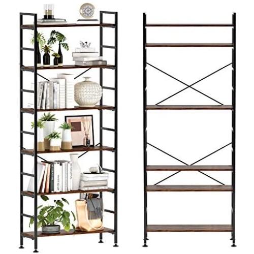 CosyStar 6-Tier Adjustable Tall Bookcase, Rustic Wood and Metal Standing Bookshelf, Industrial Vintage Book Shelf Unit, Open Back Modern Office Bookcases