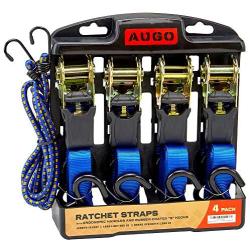 Ratchet Tie Down Straps - 4 Pk - 15 Ft- 500 Lbs Load Cap- 1500 Lb Break Strength- Cambuckle Alternative- Cargo Straps for Moving Appliances, Lawn Equipment, Motorcycle - Includes 2 Bungee Cord