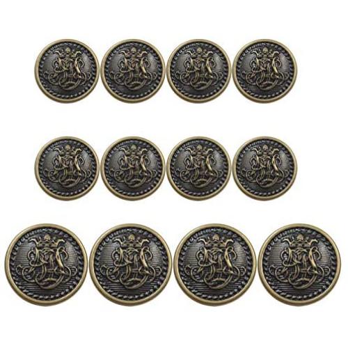 12 Piece Vintage Antique Brass (Bronze) Metal Blazer Button Set - Kings Crowned, Vine Crest - for Blazer, Suits, Sport