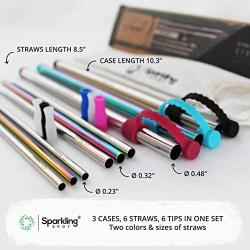 Reusable Straws with Case by Sparkling Spot - Easy to Clean, 316 Stainless Steel - Eco Friendly Set includes 3x Metal Case, 6x 8.5'' Straw with Silicone Tip (smoothie, cocktail), 3x Brush, 1x Pouch