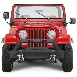 Hooke Road Front Winch Bumper & Rear Hitches Bumper Combo Kit Compatible with Jeep Wrangler CJ 1976-1986 (CJ7) (Solid Steel Textured Black)