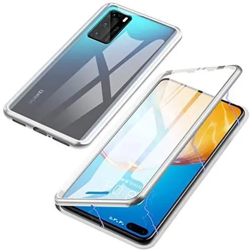 Jonwelsy Magnetic Adsorption Case for Huawei P40 Pro, 360 Degree Front and Back Clear Tempered Glass Flip Cover, Metal Bumper Frame for Huawei P40 Pro (Silver) Jonwelsy Magnetic Adsorption Case for Huawei P40 Pro, 360 Degree Front and Back Clear Tempered Glass Flip Cover, Metal Bumper Frame for Huawei P40 Pro (Silver)