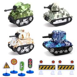 Urtoypia Pull Back Military Tank Toys for Boys, 4 Metal Diecast Army Vehicles Toy Tanks with 6 Roadblock, Pull Back Truck Car Army Men Tank Toys for Kids (Camo Color)