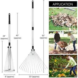 Buyplus Adjustable Garden Leaf Rake - 24 to 63 Inch Telescopic Metal Rake, Expandable Folding Leaves Rake for Lawn Yard, Flowers Beds and Roof