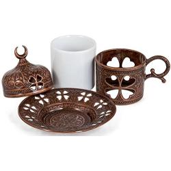 Demmex Turkish Coffee Espresso Cup with Inner Porcelain, Metal Holder, Saucer and Lid, 4 Pieces (Antique Brown)