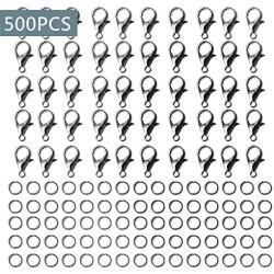 500Pcs Value Pack Alloy Lobster Claw Clasps Set，with Open Jump Rings，Necklace Fasteners Hook ，for Lanyard and Sewing Projects，Jewelry Making DIY Accessories (Metal Grey)