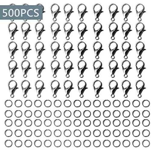 500Pcs Value Pack Alloy Lobster Claw Clasps Set，with Open Jump Rings，Necklace Fasteners Hook ，for Lanyard and Sewing Projects，Jewelry Making DIY Accessories (Metal Grey)