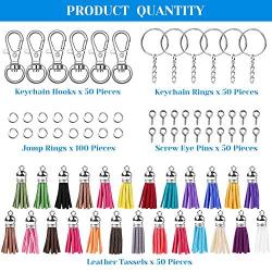 Keychain Tassles, Cridoz 300pcs Bulk Keychains Ring Set Includes 50pcs Tassels for Crafts, 50pcs Keychain Clips, 50pcs Key Chain Rings, 100pcs Jump Ring and 50pcs Screw Eye Pins for Acrylic Blank Keyc