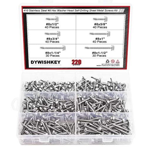 DYWISHKEY 220 Pieces 410 Stainless Steel #8 Hex Washer Head Self Drilling Sheet Metal Screws Assortment Kit