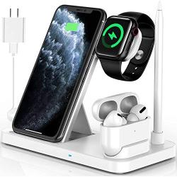 Powlaken Wireless Charger, 4 in 1 Wireless Charging Station Dock for Apple iWatch Series Se 6 5 4 3 2 1, AirPods Pro and Pencil, Charging Stand for iPhone 11, 11 Pro max, Xr, Xs max, X (White)