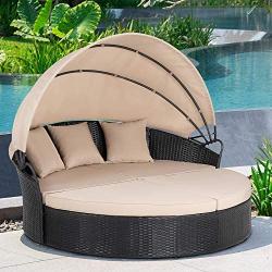 JY QAQA Patio Furniture Outdoor Lawn Backyard Poolside Garden Round Daybed with Retractable Canopy Wicker Rattan Sectional Round Sofa, Seating Separates Cushioned Seats