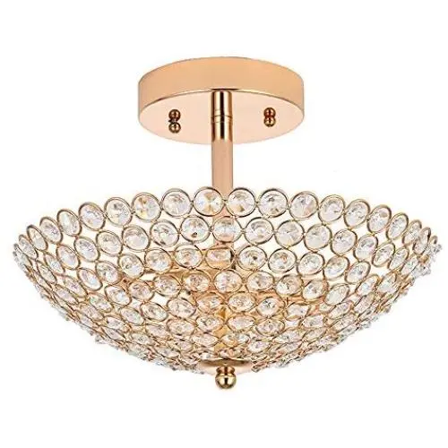 POPILION Elegant 2 Light Bowl Shaped French Gold Metal Crystal Chandelier,Flush Mount Ceiling Light Fixture