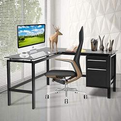 L Shaped Home Office Desk, Pataku Corner Computer Desk Modern Study Writing Table with 2 Drawers, Tempered Glass Desktop, Metal Frame, Black