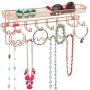 mDesign Decorative Metal Closet Wall Mount Jewelry Accessory Organizer for Storage of Necklaces, Bracelets, Rings, Earrings, Sunglasses, Wallets - 8 Large /11 Small Hooks, 1 Basket - Rose Gold