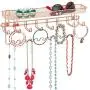 mDesign Decorative Metal Closet Wall Mount Jewelry Accessory Organizer for Storage of Necklaces, Bracelets, Rings, Earrings, Sunglasses, Wallets - 8 Large /11 Small Hooks, 1 Basket - Rose Gold