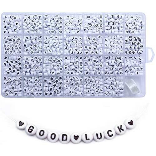 Amaney 1400 Pieces 4x7mm White Round Acrylic Alphabet Letter Beads A-Z Heart Pattern Beads and Crystal Line for Jewelry Making Bracelets Necklaces Key Chains