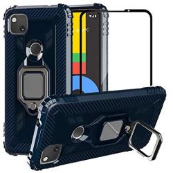 PULEN for Google Pixel 4A Case,with 1 Pack Screen Protector,Hybrid Armor Metal Ring Holder Magnetic Car Mount,Full Body Shockproof Sturdy Bumper Protective Cover - Blue