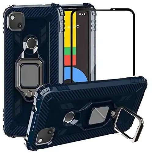 PULEN for Google Pixel 4A Case,with 1 Pack Screen Protector,Hybrid Armor Metal Ring Holder Magnetic Car Mount,Full Body Shockproof Sturdy Bumper Protective Cover - Blue