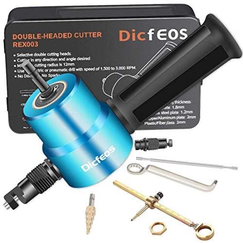 Dicfeos Double Head Metal Sheet Nibbler Cutter with Circle Cutting Accessories, Drill Attachment with Wrench and Parts, Maximum 14 Gauge Steel Dicfeos Double Head Metal Sheet Nibbler Cutter with Circle Cutting Accessories, Drill Attachment with Wrench and Parts, Maximum 14 Gauge Steel