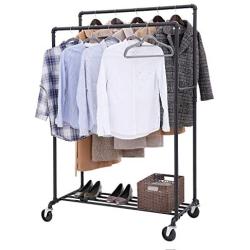 SONGMICS Industrial Pipe Clothes Rack Double Rail on Wheels with Commercial Grade Clothing Hanging Rack Organizer for Garment Storage Display, Black UHSR60B