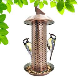 LANSCOERY Metal Wild Bird Feeder Hanging with High Seed Capacity for Garden Yard Decorations, Weatherproof Birdfeeder Perches, Dome Shaped Roof (Brown)