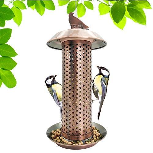 LANSCOERY Metal Wild Bird Feeder Hanging with High Seed Capacity for Garden Yard Decorations, Weatherproof Birdfeeder Perches, Dome Shaped Roof (Brown)