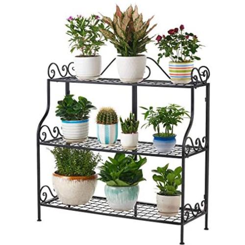 FaithLand Metal Scrollwork Design 3 Tier Plant Stand Indoor/Outdoor, Home Storage Organizer Shelf Rack, Flower Pots Holder, Plant Display Rack, Stand Shelf, Black