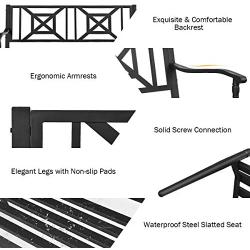 Giantex Patio Garden Bench, Heavy-Duty Park Bench w/Powder Coated Steel Frame, Elegant Loveseat w/Decorative Backrest & Ergonomic Armrest for Outdoor Garden, Backyard, Lawn, Porch, Path (Black)