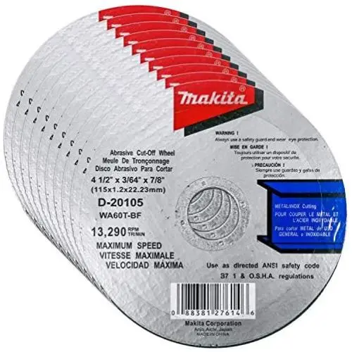 Makita 10 Pack - 4.5'' Cut Off Wheels For Grinders - Aggressive Cutting For Metal & Stainless Steel/INOX - 4-1/2'' x .045 x 7/8-Inch Makita 10 Pack - 4.5'' Cut Off Wheels For Grinders - Aggressive Cutting For Metal & Stainless Steel/INOX - 4-1/2'' x .045 x 7/8-Inch