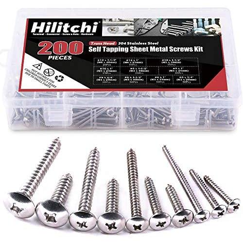 Hilitchi 200-Pcs 304 Stainless Steel Phillips Truss Head Self Tapping Sheet Metal Screws Assortment Kit Set, Thread Size #6#8#10#12, Length 3/4 to 1-1/2