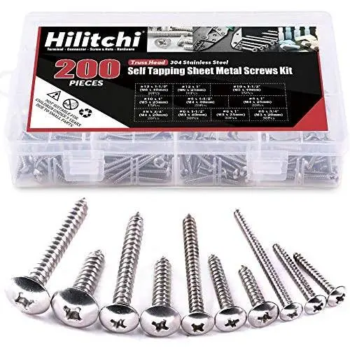 Hilitchi 200-Pcs 304 Stainless Steel Phillips Truss Head Self Tapping Sheet Metal Screws Assortment Kit Set, Thread Size #6#8#10#12, Length 3/4 to 1-1/2 Hilitchi 200-Pcs 304 Stainless Steel Phillips Truss Head Self Tapping Sheet Metal Screws Assortment Kit Set, Thread Size #6#8#10#12, Length 3/4 to 1-1/2