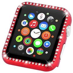 Leotop Compatible with Apple Watch Case 38mm, Metal Bumper Protective Cover Frame Accessories Women Girl Bling Shiny Crystal Rhinestone Diamond Compatible iWatch Series 3/2/1 (Diamond Red, 38mm)