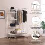 KINGSO Metal Garment Rack with Multi Wood Shelves, Multi-Functional Freestanding Storage Clothing Rack Easy Assembly, Heavy Duty Closet Organizer for Bedroom Entryway-White