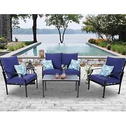 PHI VILLA 4 Piece Patio Sets, Outdoor Metal Furniture Patio Conversation Set Clearance with Padded Deep Seating Sofa, 1 Loveseat, 2 Armrest Sofa Chairs, 1 Coffee Table & 4 Free Pillow, Navy Blue