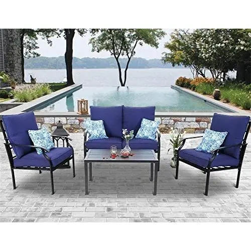 PHI VILLA 4 Piece Patio Sets, Outdoor Metal Furniture Patio Conversation Set Clearance with Padded Deep Seating Sofa, 1 Loveseat, 2 Armrest Sofa Chairs, 1 Coffee Table & 4 Free Pillow, Navy Blue PHI VILLA 4 Piece Patio Sets, Outdoor Metal Furniture Patio Conversation Set Clearance with Padded Deep Seating Sofa, 1 Loveseat, 2 Armrest Sofa Chairs, 1 Coffee Table & 4 Free Pillow, Navy Blue