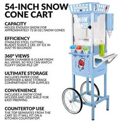 Nostalgia 54-Inch Tall Snow Cone Cart, Metal Scoop Makes 72 Icy Treats, Includes 2 Syrup Bottles, 100 Paper Cups/Spoons, Storage Compartment, Wheels For Easy Mobility – Blue