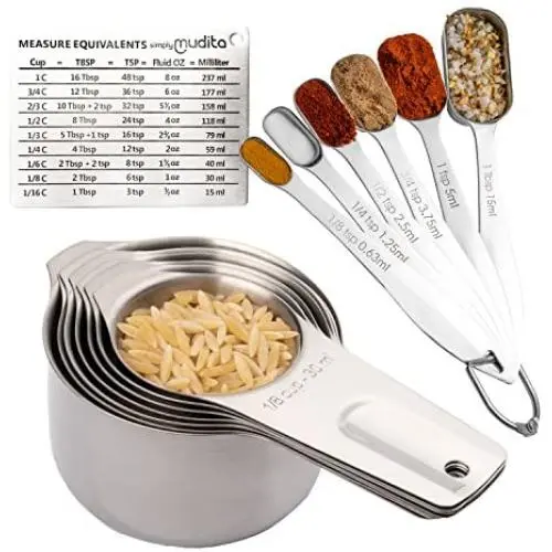 Measuring Cups and Spoons Set Stainless Steel, 13 Piece. 7 Heavy Metal Measuring Cups. 6 Long Handled Nesting Spoons. Dry or Liquid Ingredient. Engraved Metric Measure. Bonus Magnetic Conversion Chart Measuring Cups and Spoons Set Stainless Steel, 13 Piece. 7 Heavy Metal Measuring Cups. 6 Long Handled Nesting Spoons. Dry or Liquid Ingredient. Engraved Metric Measure. Bonus Magnetic Conversion Chart