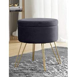 Ornavo Home Modern Round Velvet Storage Ottoman Foot Rest Stool/Seat with Gold Metal Legs & Tray Top Coffee Table - Grey