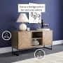 Nathan James Dylan Media Console Cabinet or TV Stand with Doors for Hidden Storage in a Natural Reclaimed Herringbone Wood Pattern and Metal, Oak/Matte Black