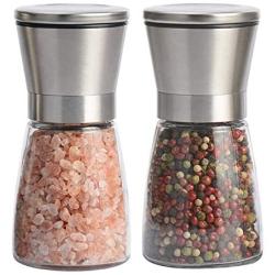 Salt and Pepper Grinder Set of 2, Premium Stainless Steel Spice Mill with Adjustable Coarseness, Ceramic Blades, Refillable Glass Body with 60Z capacity