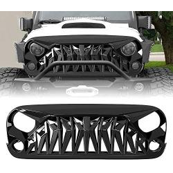 American Modified Front Shark Grille for 2007-2018 Jeep Wrangler JK/JKU Rubicon Sahara Sport, ABS (Golss Black)