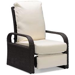 Brown Outdoor Wicker Recliner, Aluminum Frame Adjustable Woven Lounge Chair with Thicken Cushions