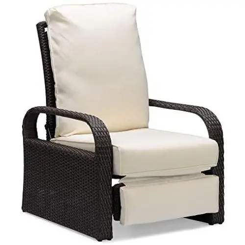 Brown Outdoor Wicker Recliner, Aluminum Frame Adjustable Woven Lounge Chair with Thicken Cushions Brown Outdoor Wicker Recliner, Aluminum Frame Adjustable Woven Lounge Chair with Thicken Cushions