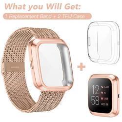 HAPAW Metal Bands Plus Screen Protector Case Compatible with Fitbit Versa 2, Stainless Steel Magnetic Mesh Strap Men Women Bracelet Wristbands Accessories with 2-Pack Bumper Cover for Versa 2 Smartwatch (RoseGold, Large)