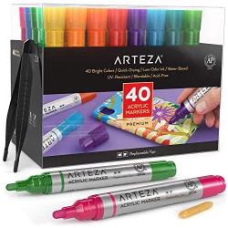 Arteza Acrylic Paint Markers, Set of 40 Assorted Color Pens, Replaceable Tips, Water-Based, for Rocks, Canvas, Glass, ,Pottery and Plastic