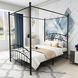 JURMERRY Full Size Metal Canopy Bed Frame with Ornate European Style Headboard & Footboard Sturdy Assembly All Parts Included (Textured Black, Full)