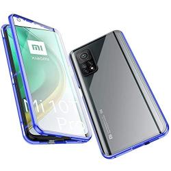 Jonwelsy Magnetic Adsorption Case for Xiaomi Mi 10T/mi 10T pro, 360 Degree Front and Back Clear Tempered Glass Flip Cover, Metal Bumper Frame for 10T (Blue)