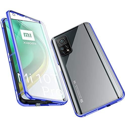 Jonwelsy Magnetic Adsorption Case for Xiaomi Mi 10T/mi 10T pro, 360 Degree Front and Back Clear Tempered Glass Flip Cover, Metal Bumper Frame for 10T (Blue)