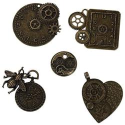 Metal Gears, Clocks & Wheels 15 Pcs (3 of each), Bronze Tone - Watch Findings, DIY Crafts, Jewelry Making, Steampunk Charms